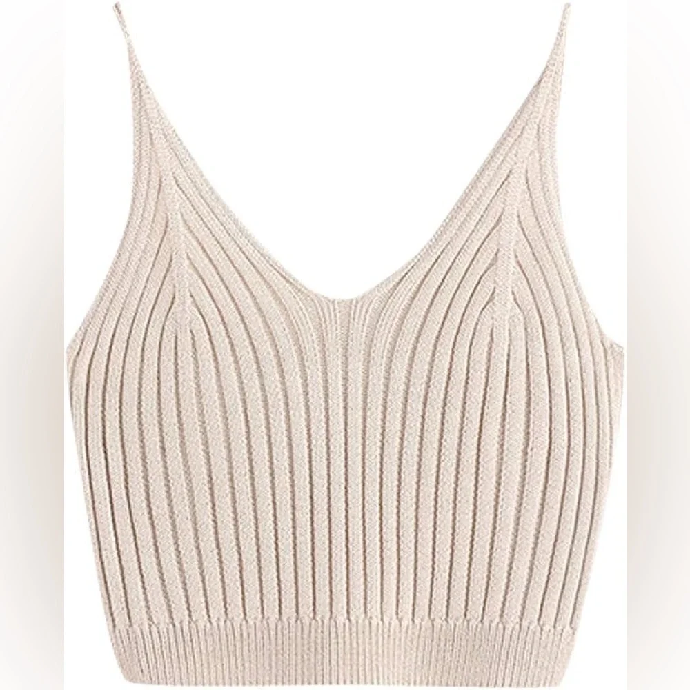 Women’s V Neck Sleeveless Ribbed Knit Crop Cami Tank Bodycon Cream O/S - Picture 3 of 9